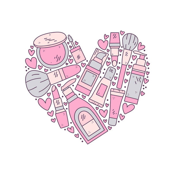 Vector hand drawn illustration of cosmetics in the shape of a heart. Design for poster and card - Vecteur, image
