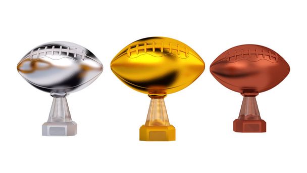 Vorderseite des American Football Gold Silber und Bronze Trophäen auf weißem Hintergrund - Foto, Bild