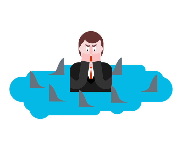 Man surrounded by sharks.  Despair of businessman. Hopeless situatio - Vector, Image