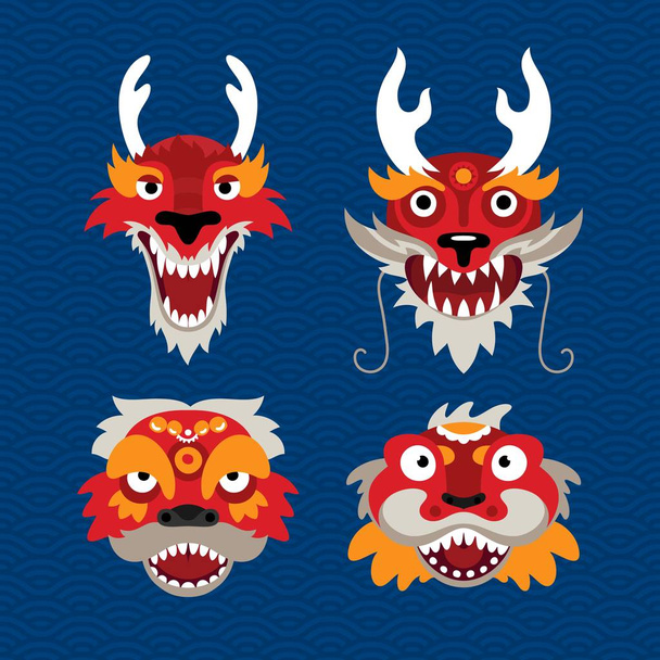 Set of Traditional Chinese Celebration Symbols Dragon and Lion. Stylized Illustration of Animal Heads. - Vector, Image