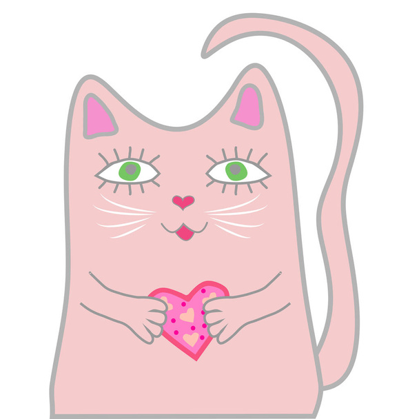 funny pink cat with heart, illustration - Vektör, Görsel