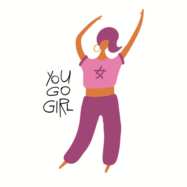 Illustrazione vettoriale disegnata a mano di una donna felice che balla, con citazione Vai ragazza, illustrazione vettoriale, Concetto per il femminismo e la giornata delle donne
  - Vettoriali, immagini