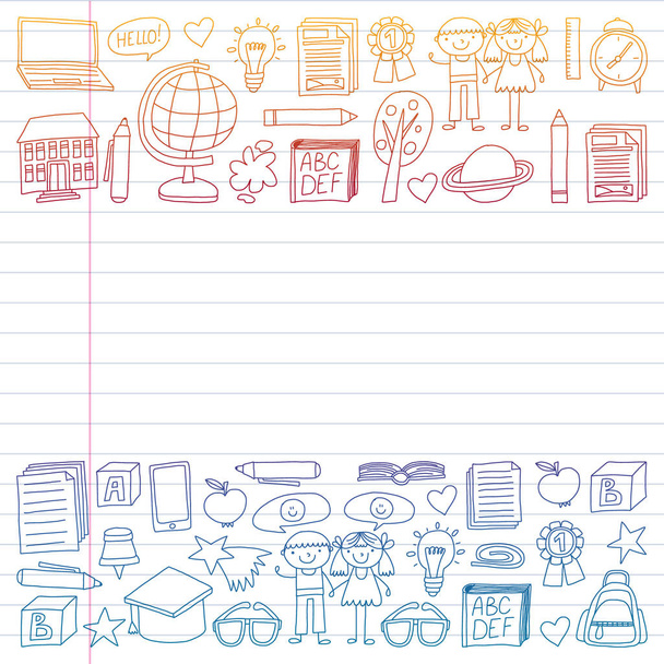 Vector set of Back to School icons in doodle style. Painted, colorful, gradient on a piece of linear paper on white background. - Vektori, kuva