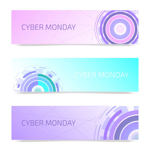 Futuristic circles set of banners vector illustration. Cyber monday background for online shopping advertisement. Sci fi technology. Buying things in Internet. Web design from future. - Vector, Image