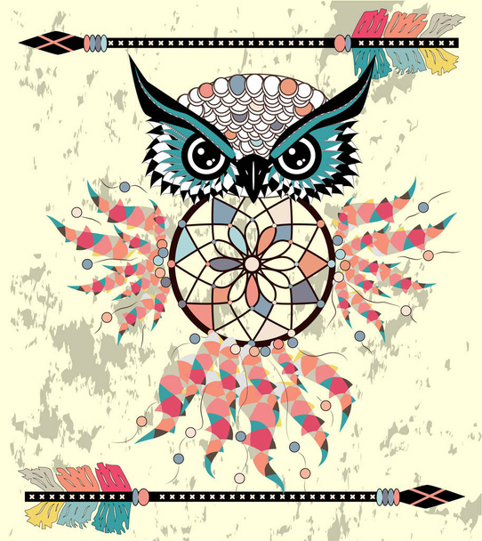 Drawing owl with tribal arrows and dream catcher - Vector, Image