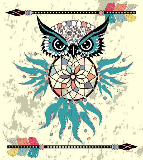 Drawing owl with tribal arrows and dream catcher - Vector, afbeelding