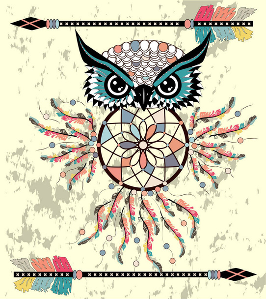 Drawing owl with tribal arrows and dream catcher - Vektor, kép