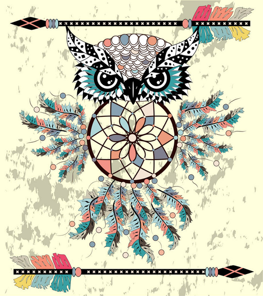 Drawing owl with tribal arrows and dream catcher - Vektori, kuva