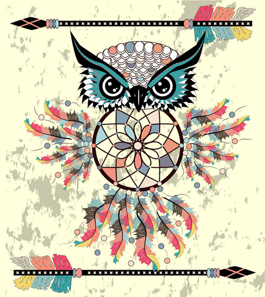 Drawing owl with tribal arrows and dream catcher - Вектор, зображення