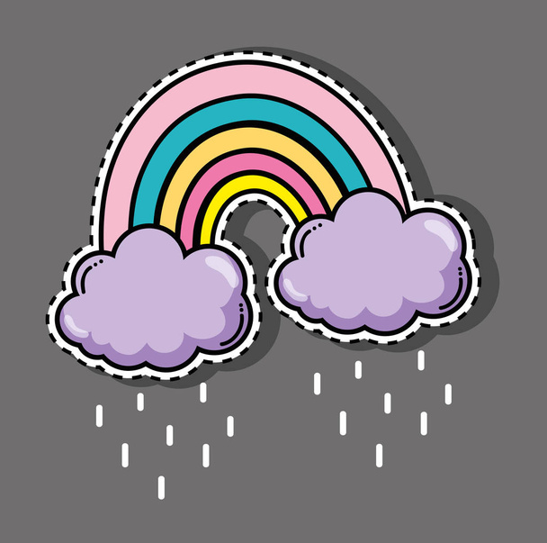 Arco iris lindo en nubes lluviosas dibujos animados vector ilustración diseño gráfico
 - Vector, imagen