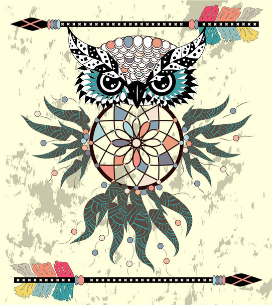 Drawing owl with tribal arrows and dream catcher - Vettoriali, immagini