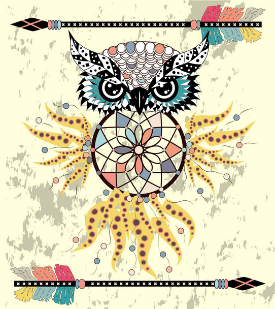 Drawing owl with tribal arrows and dream catcher - Вектор,изображение