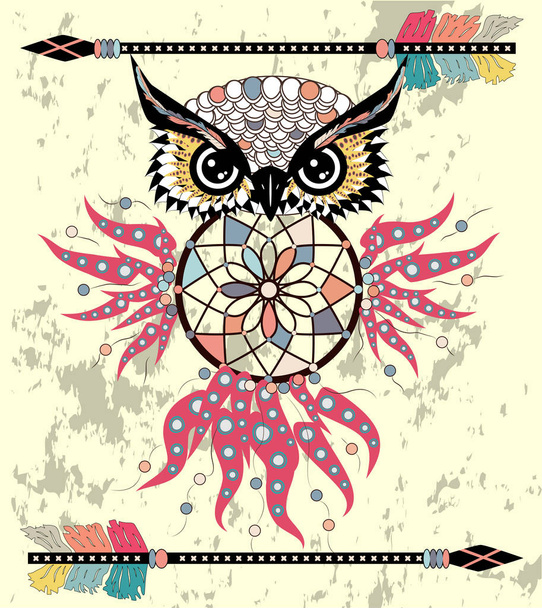 Drawing owl with tribal arrows and dream catcher - Vector, imagen