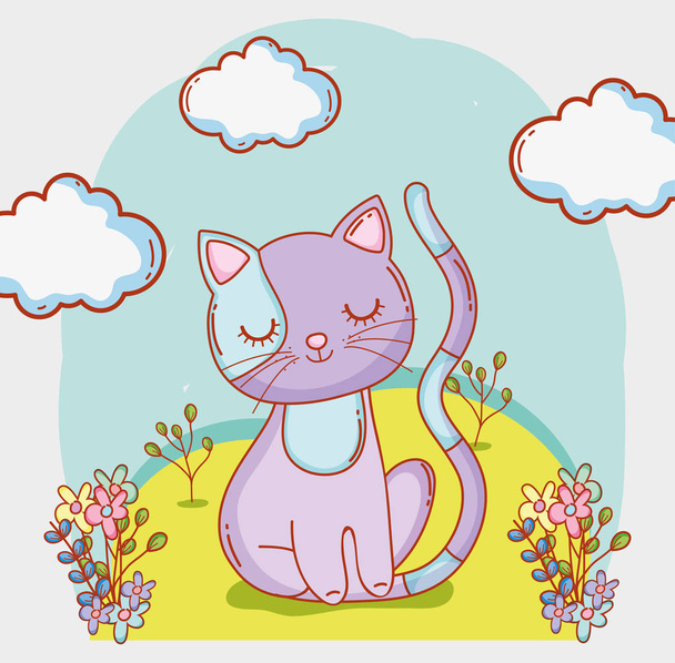 macska állat felhők, a virágok és növények vektoros illusztráció - Vektor, kép