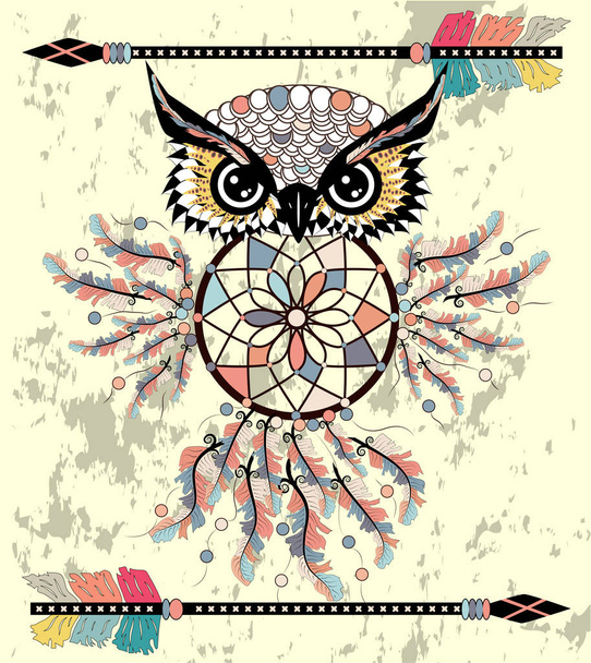 Drawing owl with tribal arrows and dream catcher - Vektör, Görsel