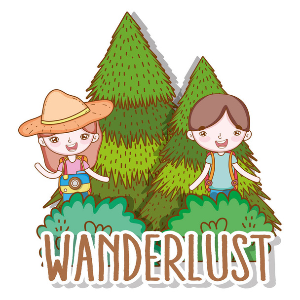 girl and boy with pine trees adventure vector illustration - Vector, Image
