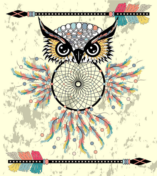Drawing owl with tribal arrows and dream catcher - Vector, imagen