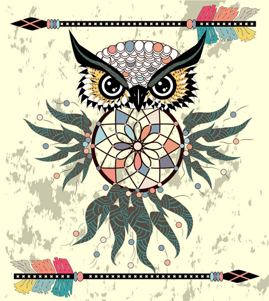Drawing owl with tribal arrows and dream catcher - Vector, Imagen