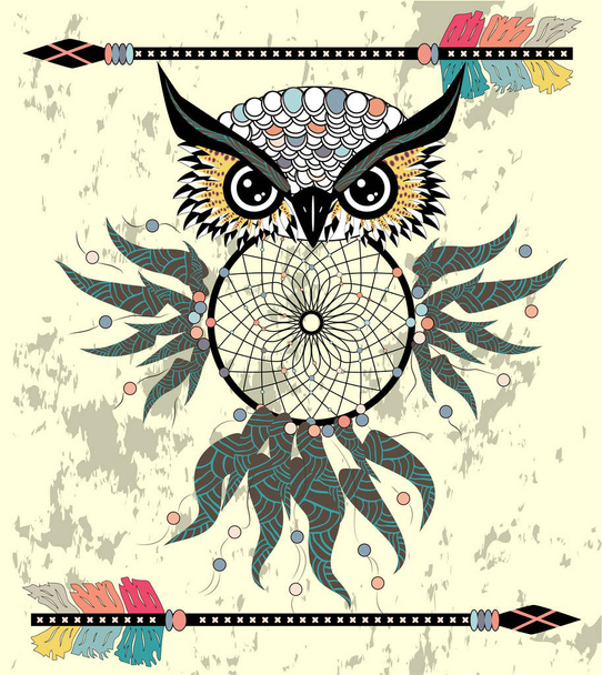 Drawing owl with tribal arrows and dream catcher - Vecteur, image