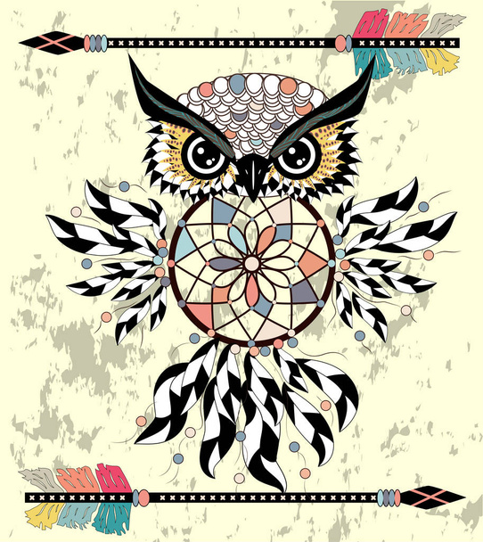 Drawing owl with tribal arrows and dream catcher - Vector, Image