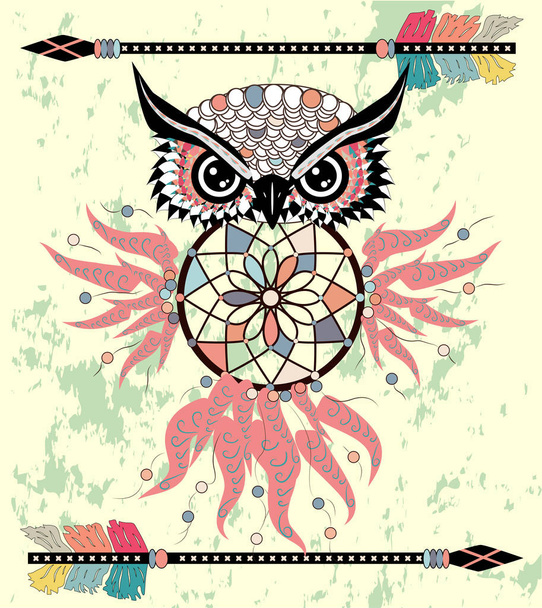 Drawing owl with tribal arrows and dream catcher - Vektör, Görsel