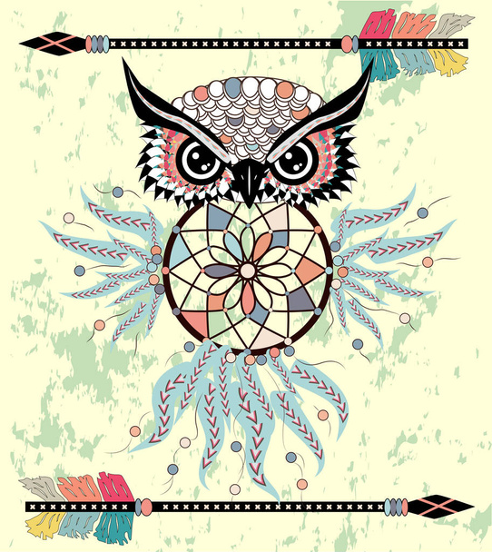 Drawing owl with tribal arrows and dream catcher - Vector, Imagen