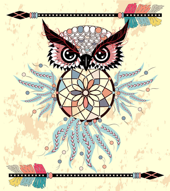 Drawing owl with tribal arrows and dream catcher - Vektor, kép