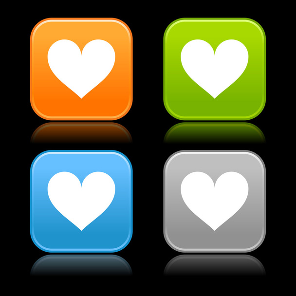 Botones cuadrados redondeados de color mate con símbolo del corazón sobre fondo negro
 - Vector, Imagen