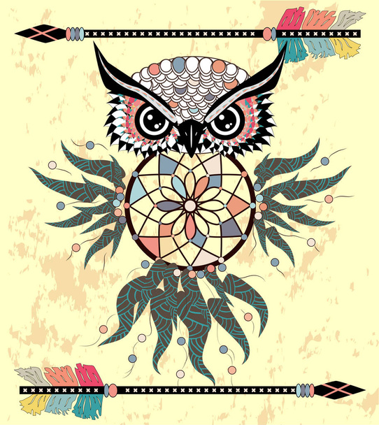 Búho de dibujo con flechas tribales y atrapasueños
 - Vector, imagen