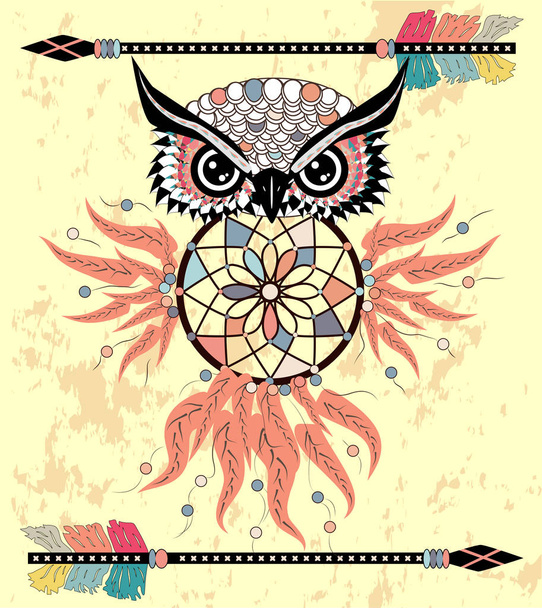 Búho de dibujo con flechas tribales y atrapasueños
 - Vector, Imagen