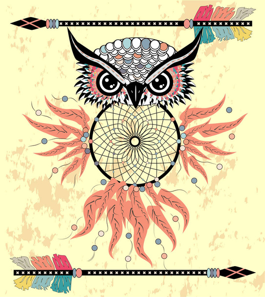 Drawing owl with tribal arrows and dream catcher - Wektor, obraz