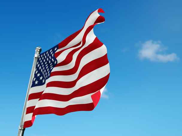 3D render of American flag attached to thee pole waving against the sky - Foto, immagini