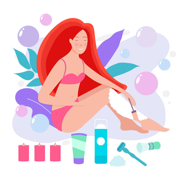 Ilustración vectorial de la hermosa mujer en una toalla de baño blanca se afeita las piernas con una navaja de afeitar de seguridad. El concepto de cuidado corporal, depilación, depilación en casa, belleza
 - Vector, Imagen