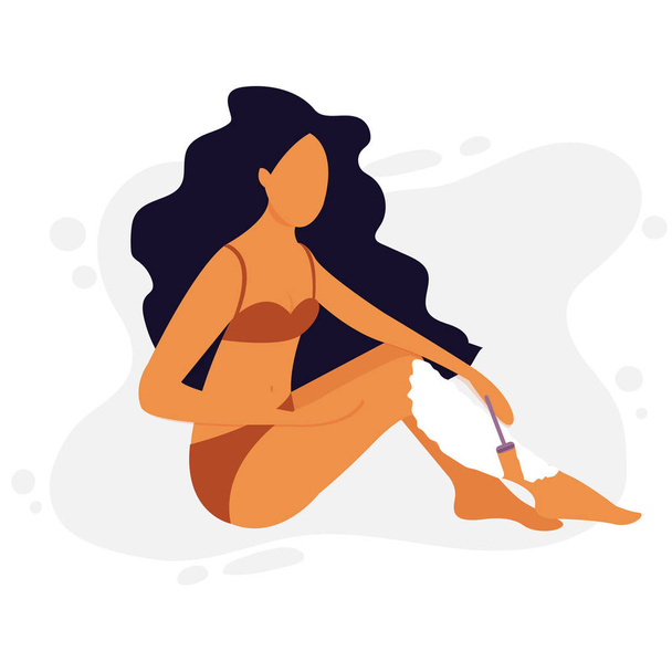 Εικονογράφηση ενός κοριτσιού που κρατά ένα ξυράφι ξύρισμα μαλλιά μακριά πόδια της - Διάνυσμα, εικόνα
