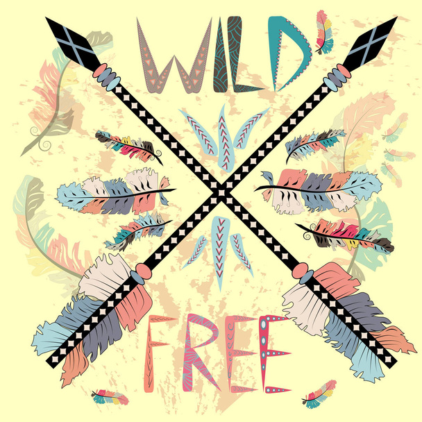 Hand drawn tribal label with crossed arrows illustration and wild, free inspirational lettering. - Vektor, kép