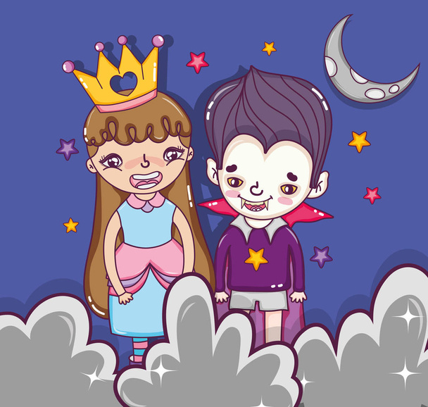 Halloween princess girl and vampire boy costumes cartoons vector illustration graphic design - Vector, Image