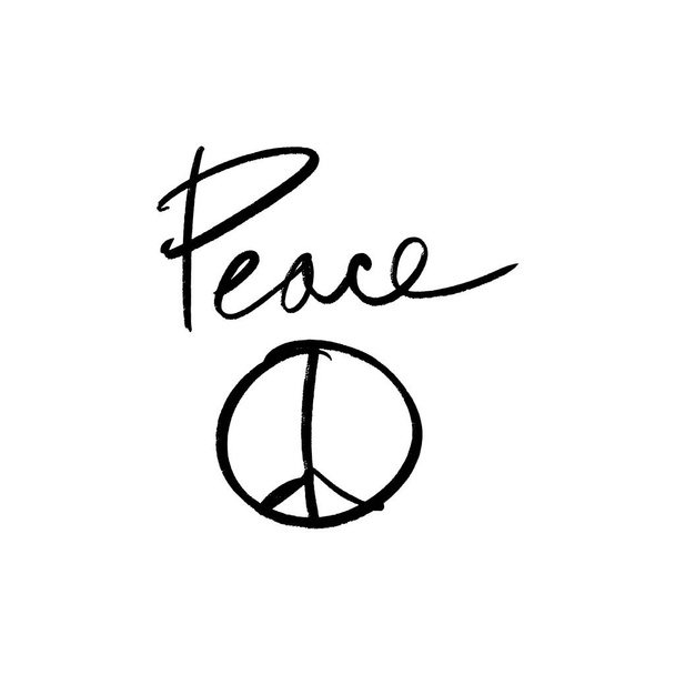 Peace symbol vector icon. Lettering boho label. Brush ink sketch art illustration. - Wektor, obraz