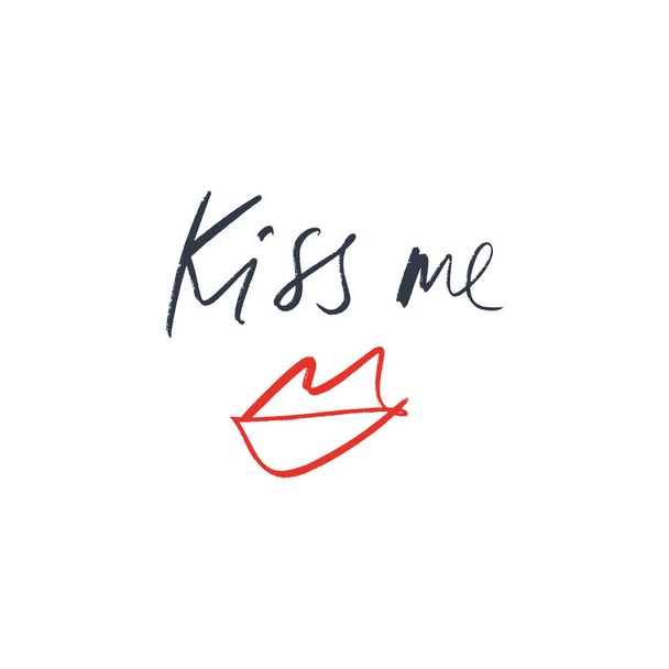 Hand drawn red lips symbol and hugs and kiss me text. Vector, clipart, isolated details. Editable elements on white background. - Vector, Imagen