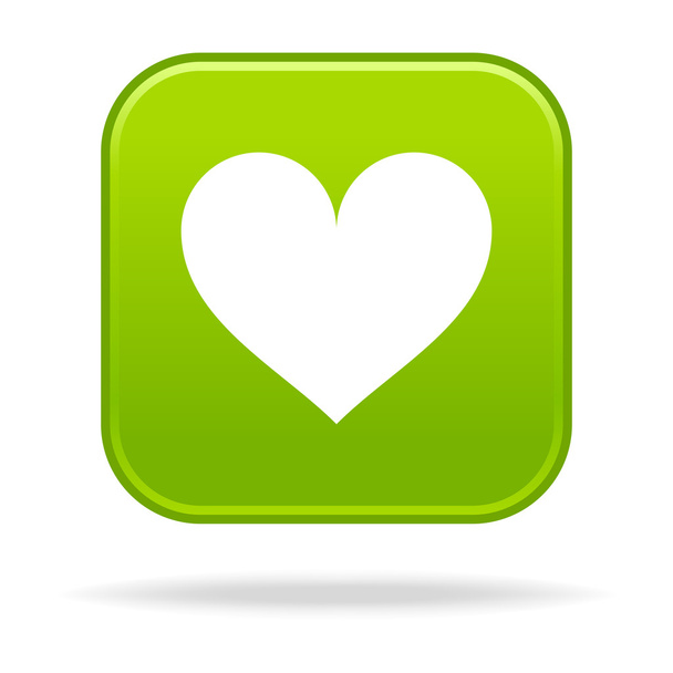 gematteerd groene afgeronde vierkantjes knoppen met hart symbool en grijs reflectie op wit - Vector, afbeelding