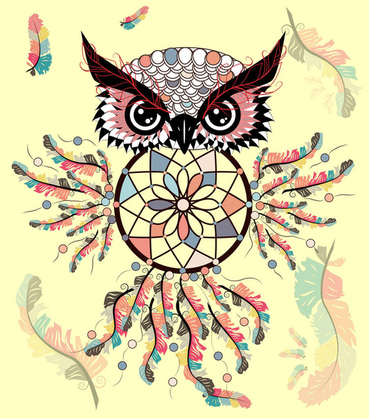 Drawing owl with dream catcher and feathers - Vector, Image