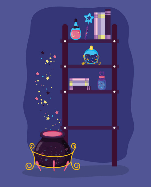 magische boeken en muts met konijn en potions vectorillustratie - Vector, afbeelding