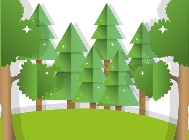 Papírové umění roztomilý lesní krajina se stromy kreslené vektorové ilustrace grafický design - Vektor, obrázek
