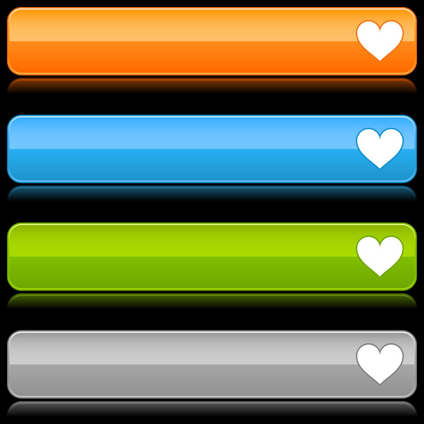 Glossy colored rounded buttons with heart symbol and reflection on black - Vector, Image