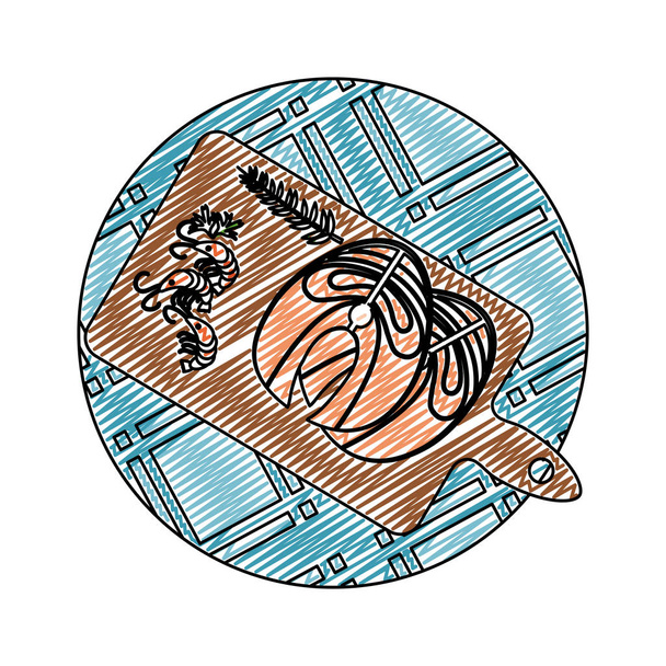 Doodle filet ryby s humry a bylinkami uvnitř řezání palubě vektorové ilustrace - Vektor, obrázek