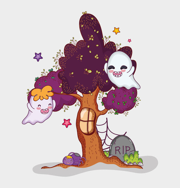 Cute ghosts and tree house with stars halloween cartoons vector illustration graphic design - Vector, Image