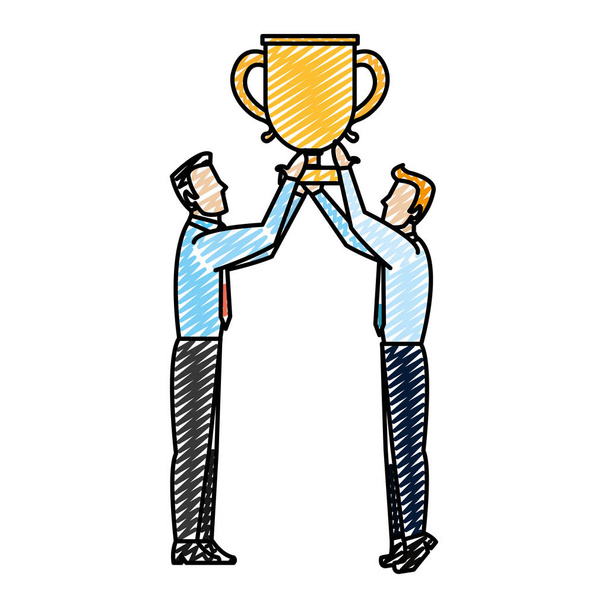 doodle businessmen teamwork to win cup prize vector illustration - Vector, Image