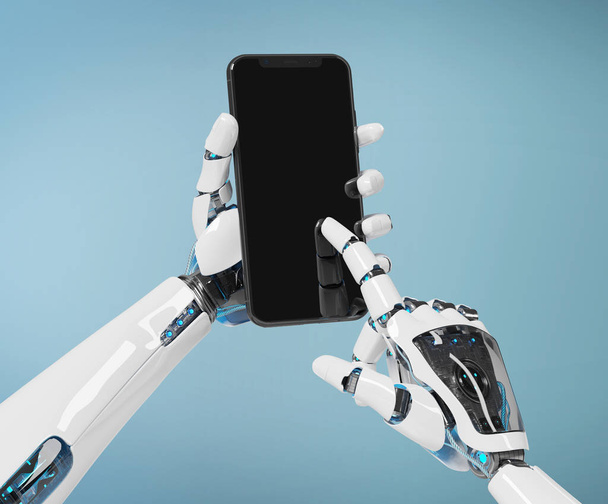 White robot hand holding modern smartphone mockup on blue background 3d rendering - Фото, изображение
