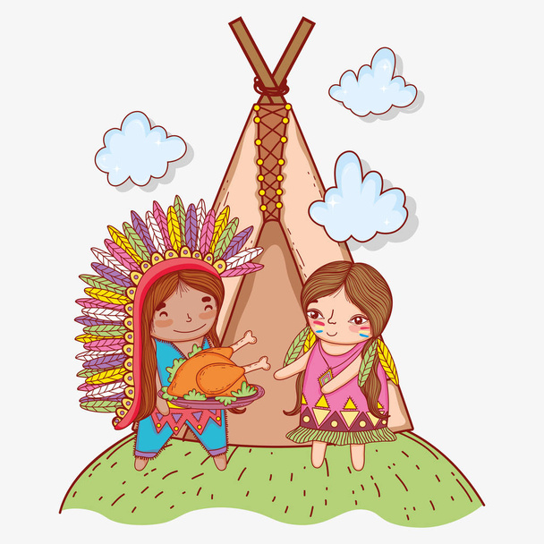 hombre y mujer indígena con pavo y tienda de campaña vector ilustración
 - Vector, imagen