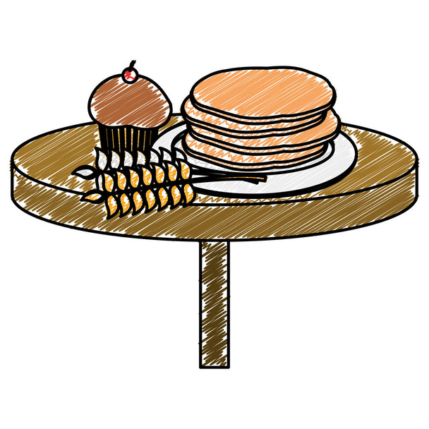 doodle tasty waffles and muffin with wheat plant in the table vector illustration - Vector, Image