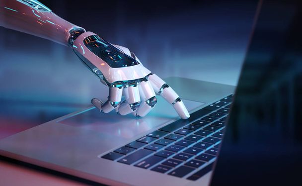 Robotic cyborg hand pressing a keyboard on a laptop 3D rendering - Фото, зображення